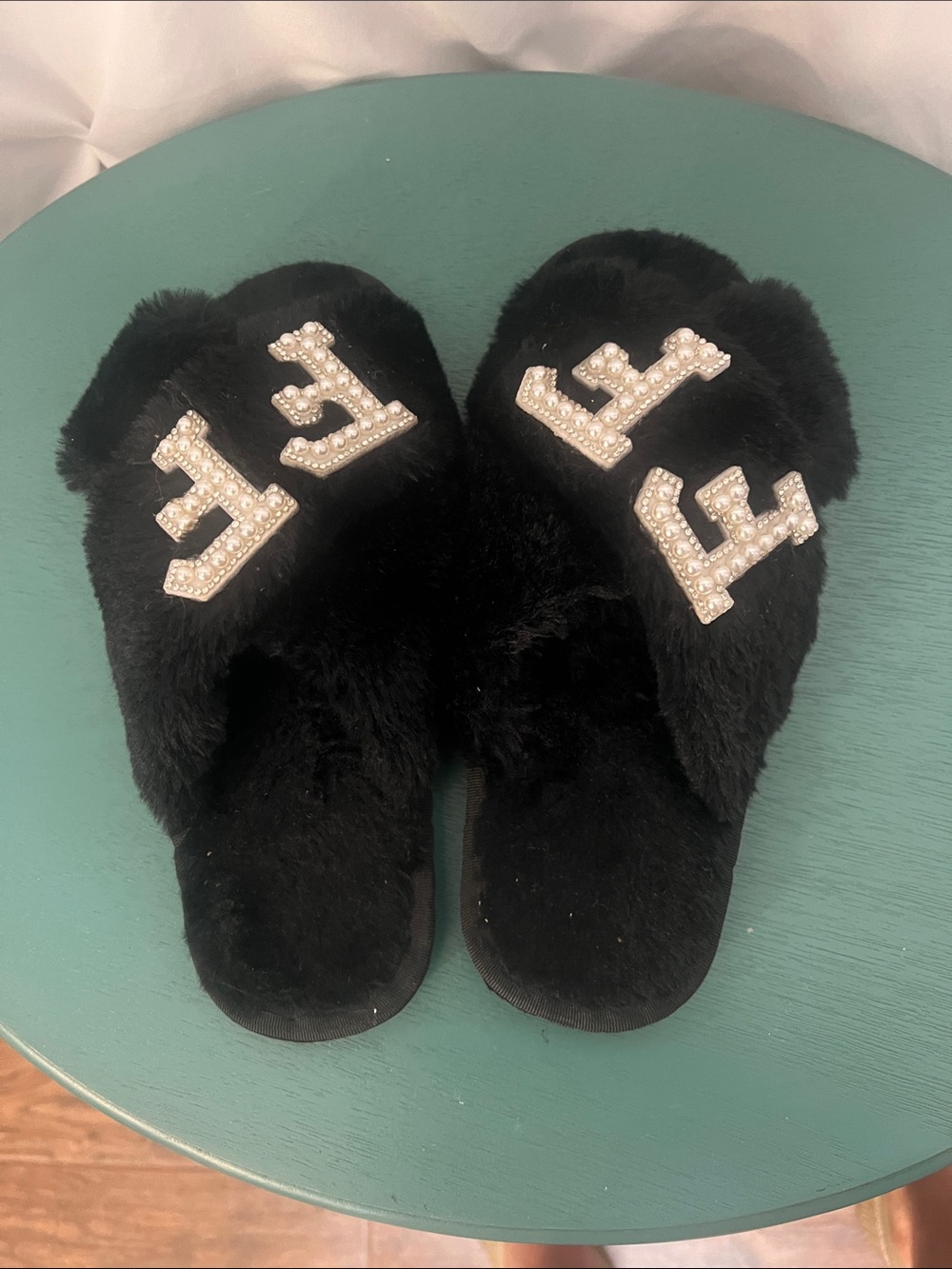 Black Faux Fur Pearl-Embellished Slide Slippers